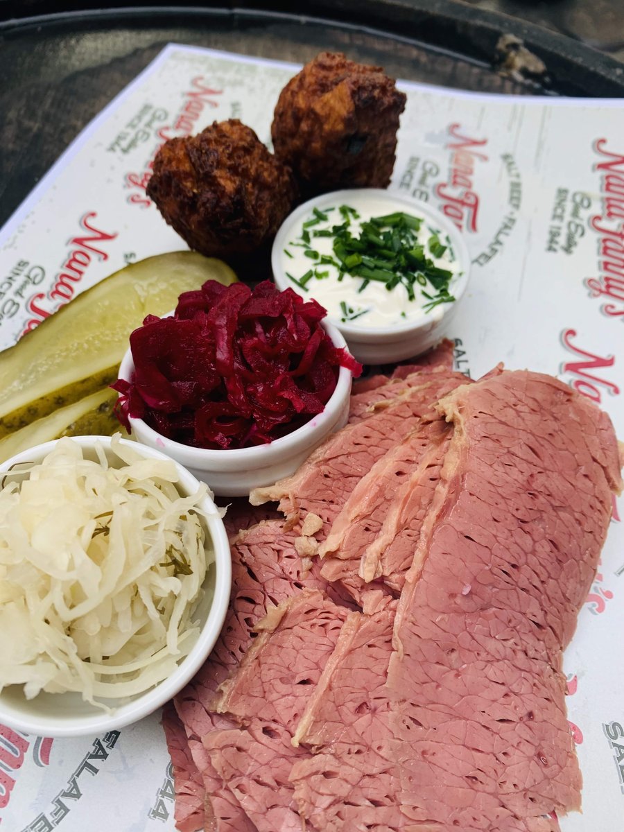 Image of Here is our salt beef and Latkes. Amazingly tender briskets served with pickles and mustard