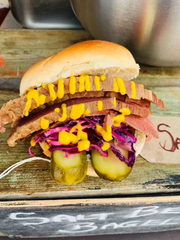 Image of salt beef bagel with mustard and pickles served all day at Nana Fannys Borough Market